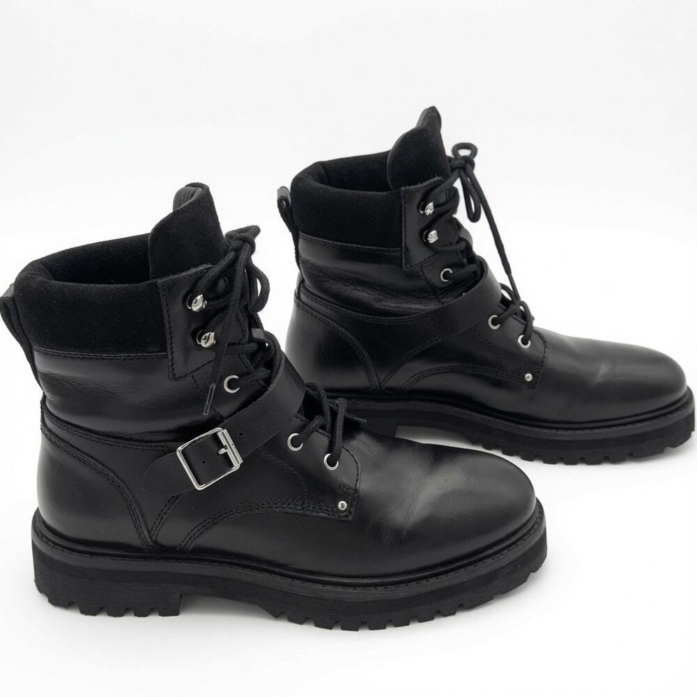 AllSaints Paulina Black Leather Combat Lug Sole Buckle Boots EU 40 / US 9-10